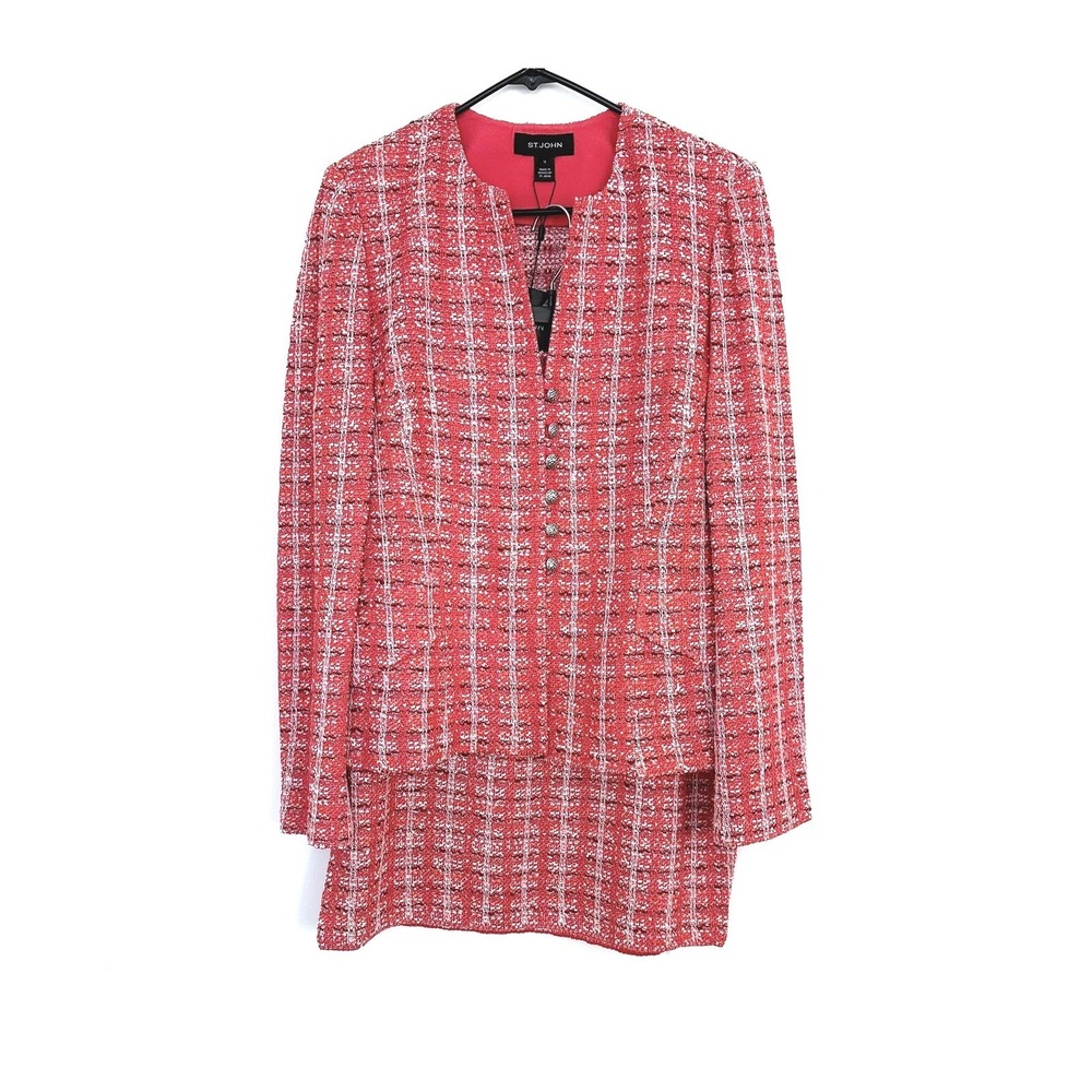 St. John Tweed Knit Jacket 12 Apple Multi K6100V2 Red White Plaid NWT